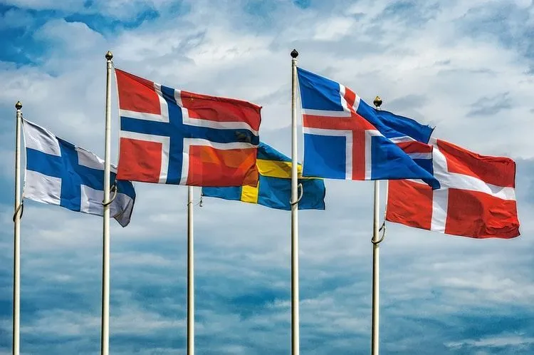 Waving flags of Nordic countries