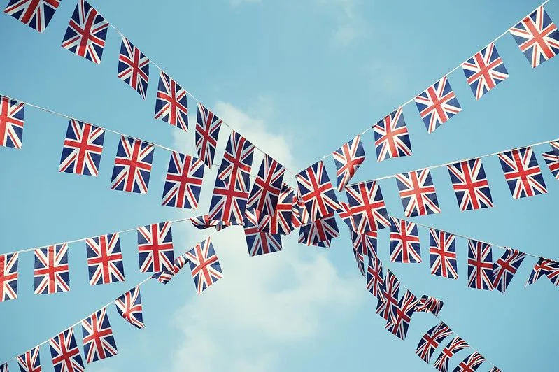 Union Jack bunting attached to a maypole for VE Day.