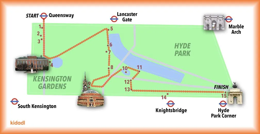 Kidadl's route to walk around Hyde Park and Kensington Gardens.