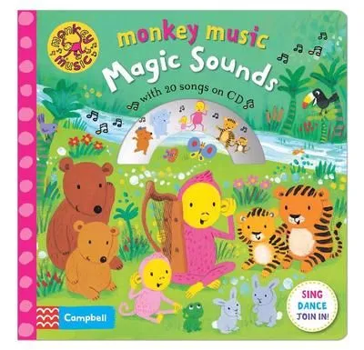 Cover of Monkey Music Magic: jungle animals are sat in the wilderness around a pink monkey holding a harp.