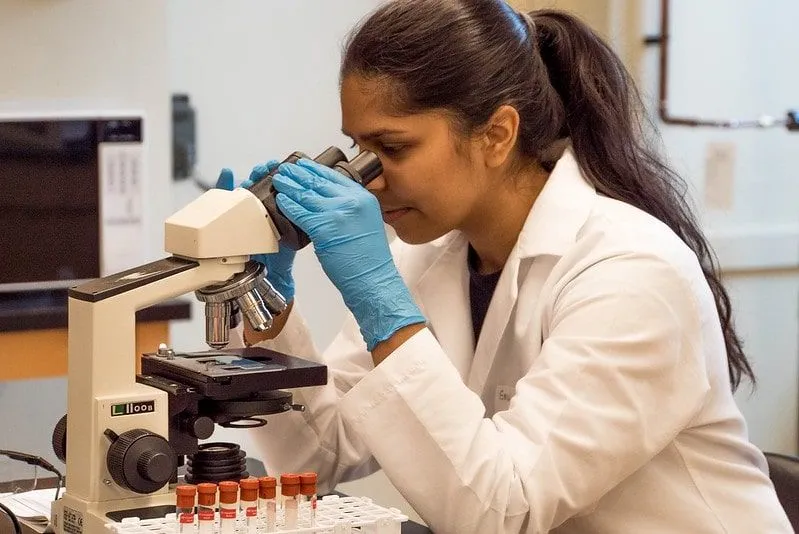 Scientist in a lab looking down a microscope.