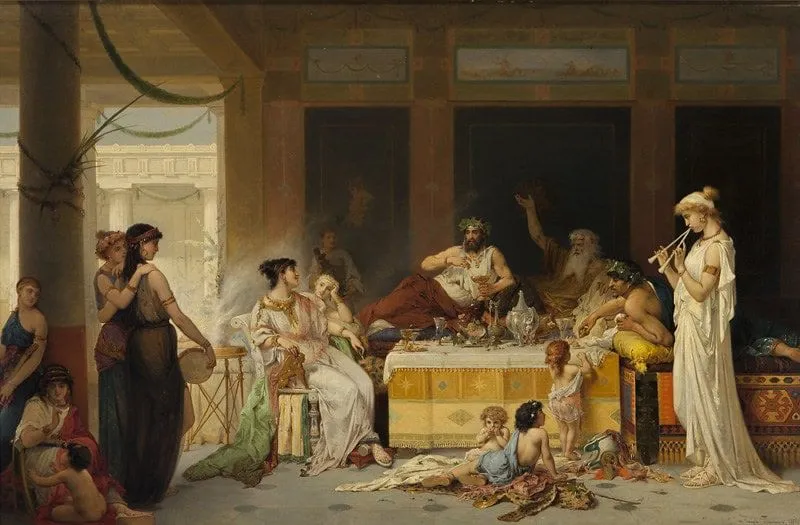 Painting of a Roman banquet, guests reclining on tables and on the floor, food laid out.