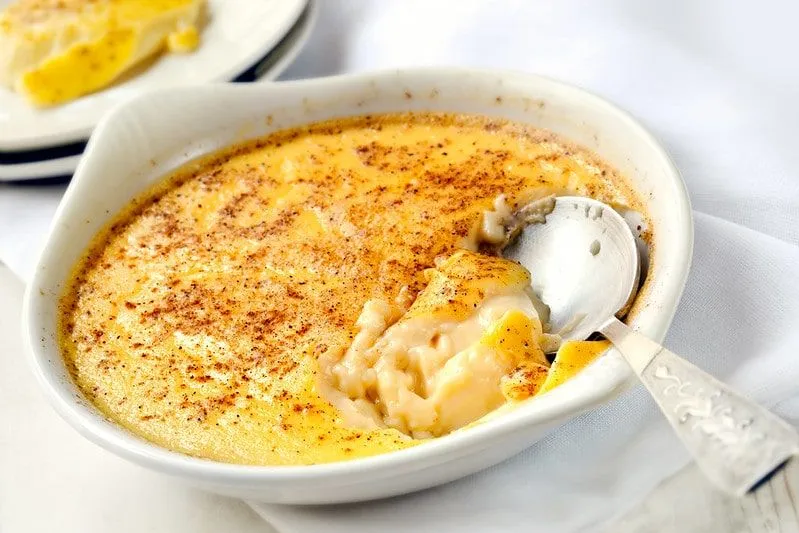 Dish of baked egg custard, a typical Roman dessert.