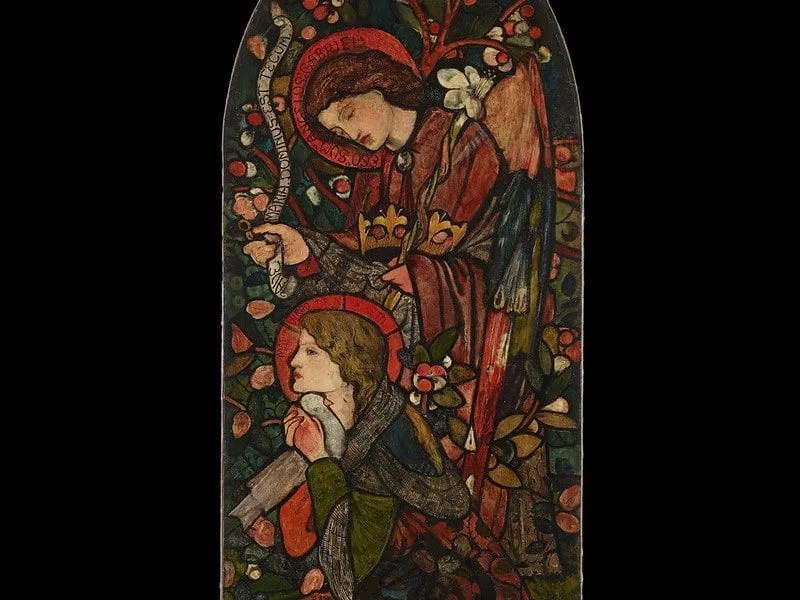 Stained glass window art of two women.