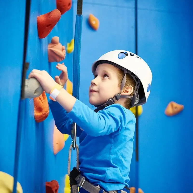 Little boy scaling a blue climbing wall.
