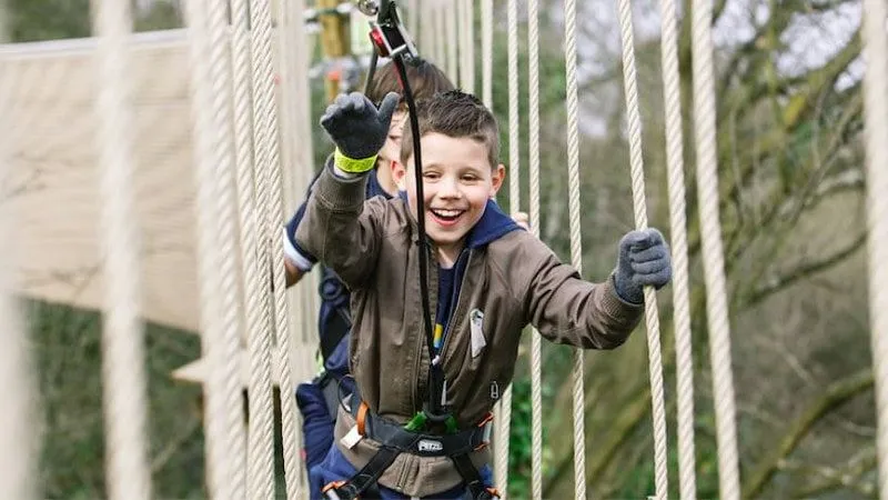 Boys climbing across a rope bridge at Go Ape.