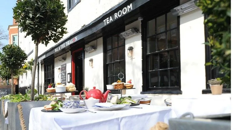 Tables for afternoon tea outside at Bel and The Dragon. 