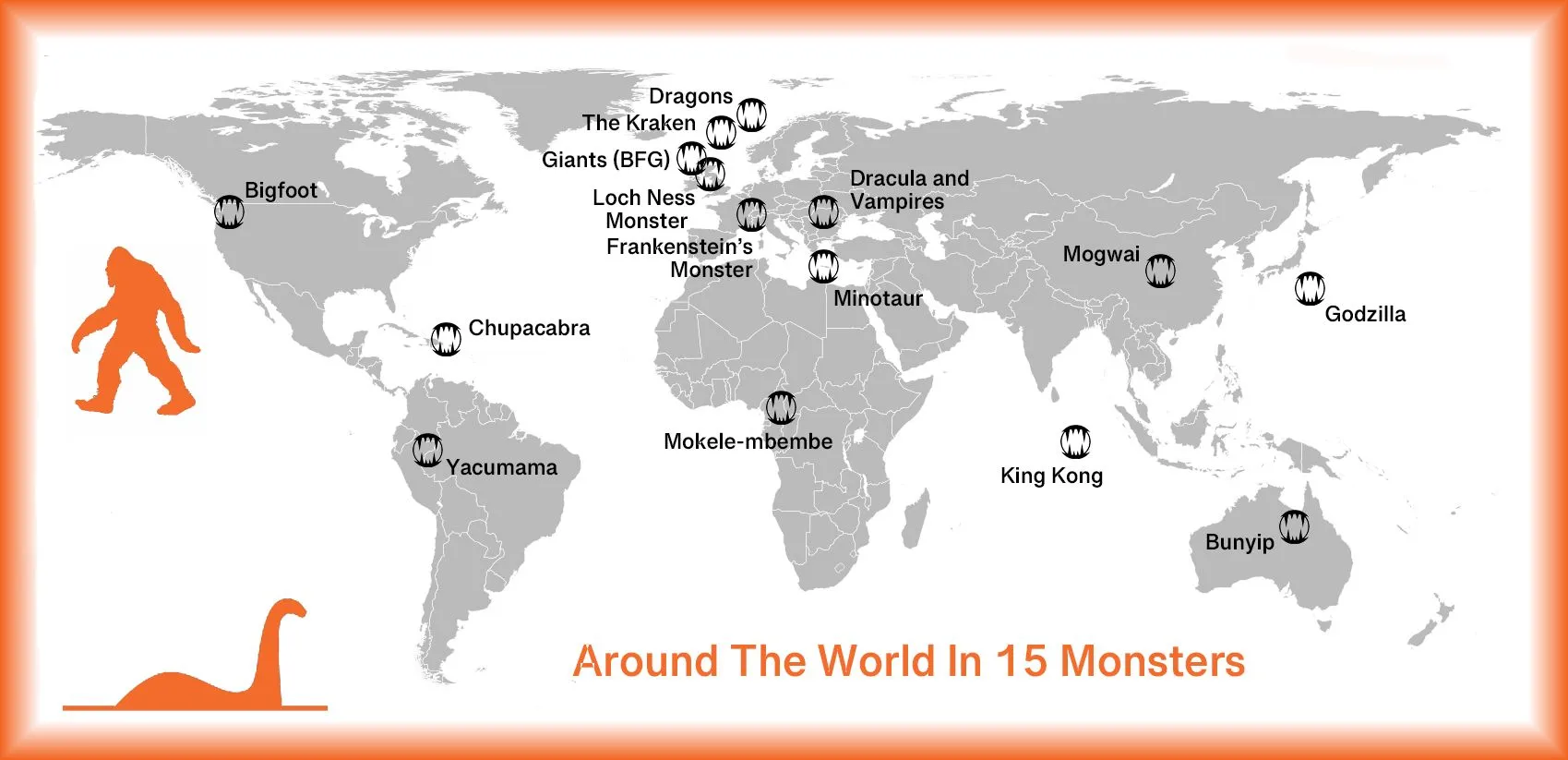 15 most popular monster tales, accounting for geographical spread.